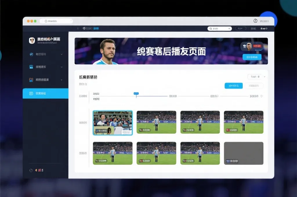 比赛结束后，电视屏幕展示集锦回放页面，旁边有时间轴和多角度切换提示